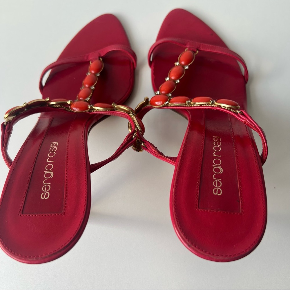 Sergio Rossi Red Crystal and Orange Stone Embellished Sandals, Size 39 - Picture 13 of 16